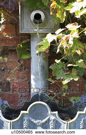 Close up of water trickling from wall pipe into ornate planter View Large Photo Image Stock Photography - Close up of water trickling from wall pipe into ornate planter. Fotosearch