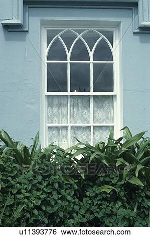 Close up of window with Gothic panes in pastel blue house View Large Photo Image Stock Photograph - Close up of window with Gothic panes in pastel blue house. Fotosearch