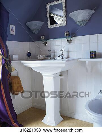 Closeup of basin in blue and white traditional white tiled bathroom. View Large Photo Image Stock Photo - Closeup of basin in blue and white traditional white tiled bathroom.. Fotosearch