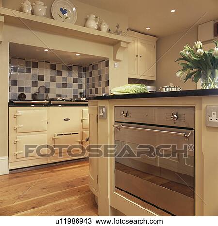 Cream Aga and modern electric oven in neutral kitchen View Large Photo Image Stock Image - Cream Aga and modern electric oven in neutral kitchen. Fotosearch