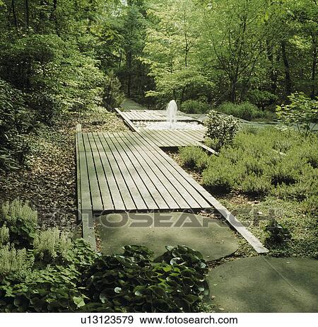Stock Photo - Decking and pond with fountain in woodland garden. Fotosearch
