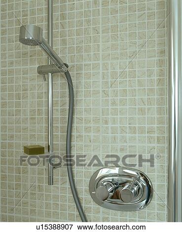 Detail of shower head and chrome controls View Large Photo Image Stock Photo - Detail of shower head and chrome controls. Fotosearch