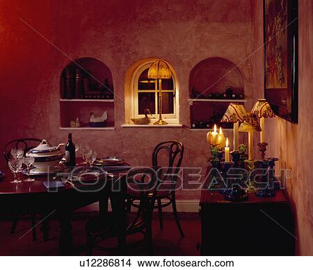 Picture - diningroom table, interior, furniture, chairs, red, lighting . Fotosearch