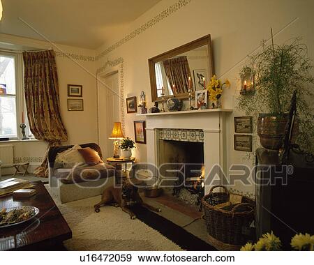 Dog in traditional neutral living room View Large Photo Image Stock Photo - Dog in traditional neutral living room. Fotosearch