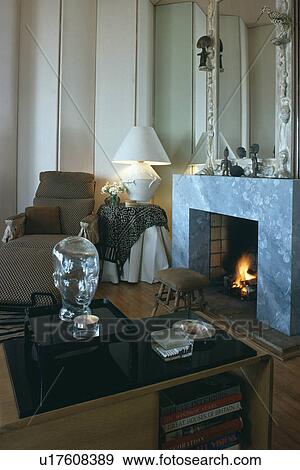 Fireplace in modern living room View Large Photo Image Stock Photo - Fireplace in modern living room. Fotosearch