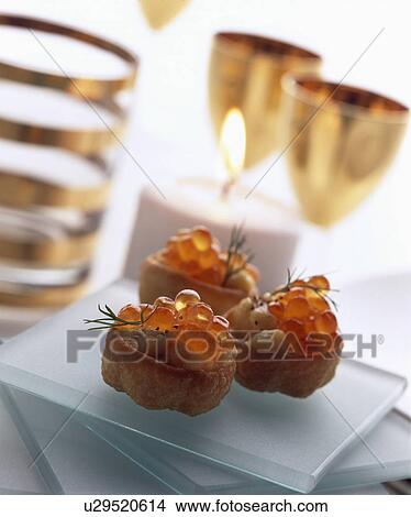 Picture - fish, salmon roe, canapes, starters, food. Fotosearch