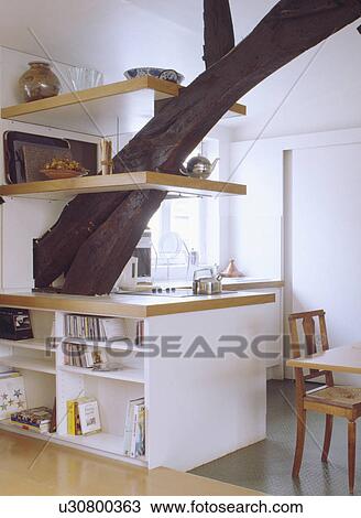 Fitted cupboard and shelves on large rustic beam in modern white attic kitchen View Large Photo Image Stock Image - Fitted cupboard and shelves on large rustic beam in modern white attic kitchen. Fotosearch