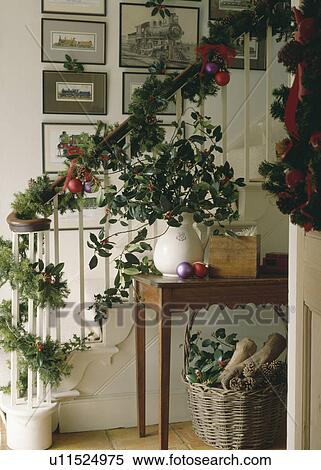 Garlands of holly and ivy with conifer branches decorating staircase at Christmas with jug of holly on hall table View Large Photo Image Stock Photography - Garlands of holly and ivy with conifer branches decorating staircase at Christmas with jug of holly on hall table. Fotosearch