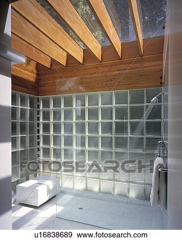 Glass Brick Wall In Modern Wet Room With Clear Glass Shower Wall