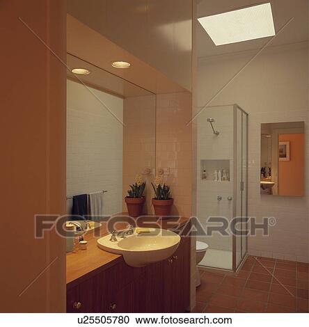 Large bathroom with separate shower cubicle and sky light View Large Photo Image Stock Image - Large bathroom with separate shower cubicle and sky light. Fotosearch