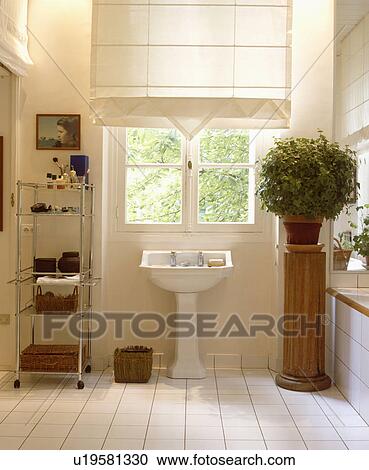 Large white bathroom with high ceilings, pedestal basin and white roman blind View Large Photo Image Stock Image - Large white bathroom with high ceilings, pedestal basin and white roman blind . Fotosearch
