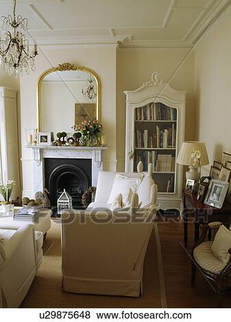 Mirror above fireplace in traditional living room View Large Photo Image Stock Photo - Mirror above fireplace in traditional living room. Fotosearch