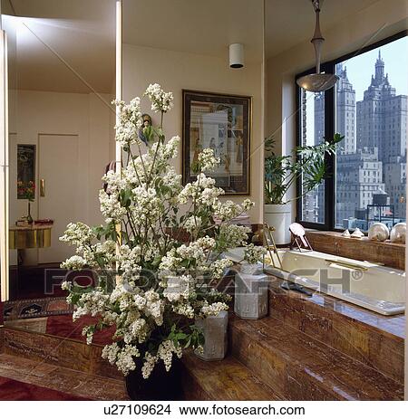 Modern bathroom with branches of white lilac in vase beside bath below window with view of New York View Large Photo Image Picture - Modern bathroom with branches of white lilac in vase beside bath below window with view of New York. Fotosearch