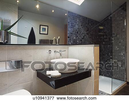 Modern bathroom with large granite tiled shower View Large Photo Image Stock Photo - Modern bathroom with large granite tiled shower. Fotosearch