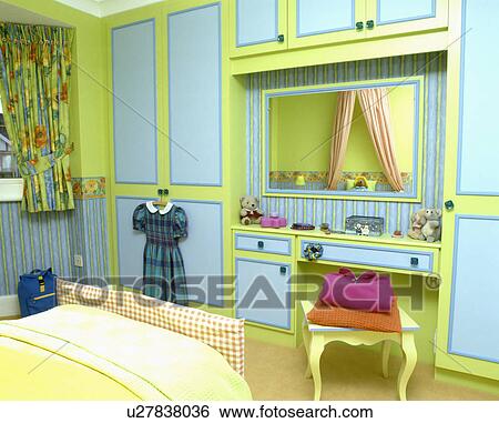 Modern blue and green child's bedroom with built in wardrobes View Large Photo Image Stock Photograph - Modern blue and green child's bedroom with built in wardrobes. Fotosearch