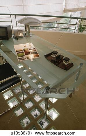 Modern office with glass bricks in floor and glass desk. View Large Photo Image Stock Photo - Modern office with glass bricks in floor and glass desk.. Fotosearch