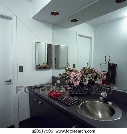 Stock Photography - Modern white mirrored bathroom with stainless steel basins . Fotosearch