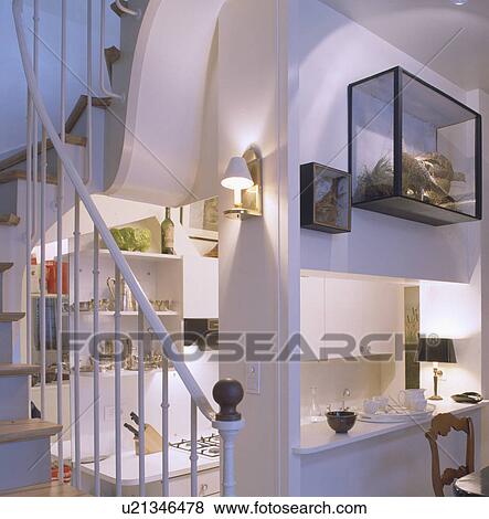 Modern white understairs kitchen with glass case on wall above hatch View Large Photo Image Stock Photo - Modern white understairs kitchen with glass case on wall above hatch. Fotosearch
