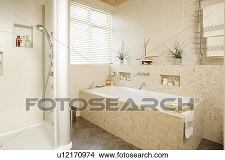 Natural coloured modern bathroom with shower cubicle View Large Photo Image Picture - Natural coloured modern bathroom with shower cubicle. Fotosearch