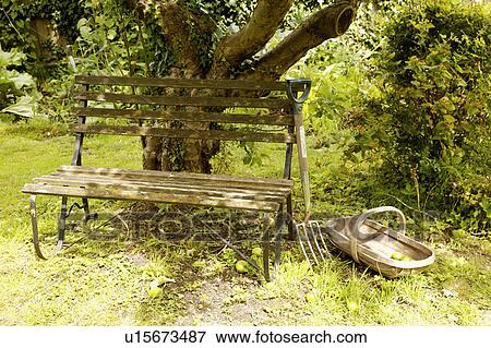 Old Wooden Bench And Wooden Trug And Fork Below Tree In Country