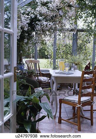 Open door on to conservatory with antique wooden chairs and white table in conservatory with white plumbago View Large Photo Image Stock Photo - Open door on to conservatory with antique wooden chairs and white table in conservatory with white plumbago. Fotosearch