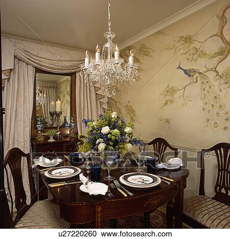 Stock Image - Painted mural on wall of dining room with chandelier above table set for dinner. Fotosearch