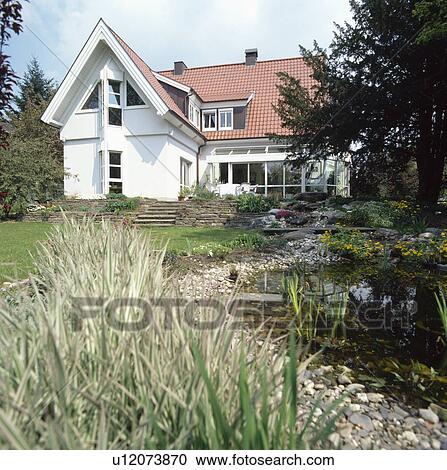 Stock Image - paths, white, exteriors, architectural, detached, country house. Fotosearch