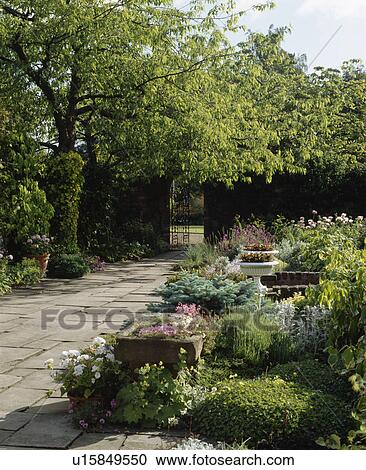 Patio in country garden in summer View Large Photo Image Stock Image - Patio in country garden in summer. Fotosearch