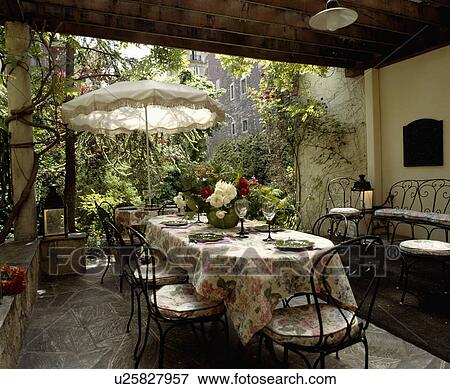 Patio with dining area under cover at rear of building. View Large Photo Image Stock Photo - Patio with dining area under cover at rear of building.. Fotosearch