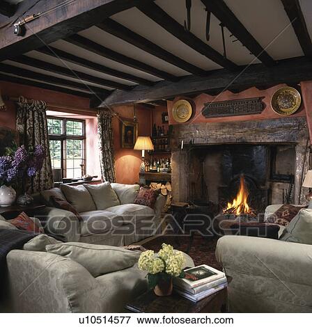 Patterned Beige Sofas In Cottage Living Room With Beamed Ceiling