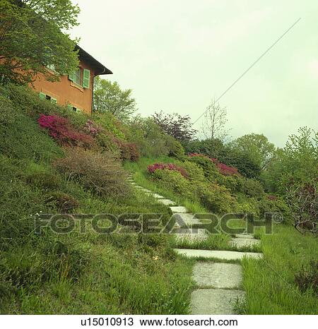 Stock Image - Paved path on steep hillside garden of Italian country house in Spring. Fotosearch