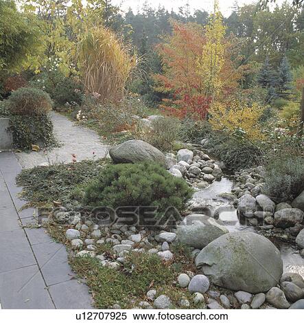 Pebbles and large stones beside stream in country garden in Autumn View Large Photo Image Stock Photography - Pebbles and large stones beside stream in country garden in Autumn. Fotosearch