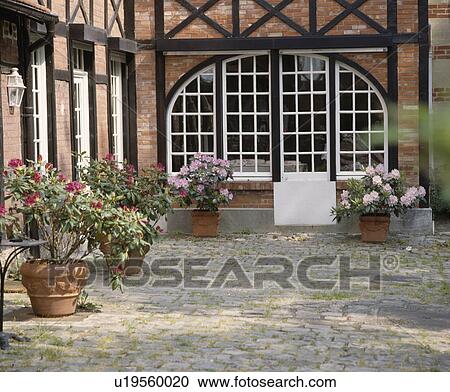 Pink Rhododendrons In Pots On Courtyard In Front Of Traditional Country House In France Stock Image U19560020 Fotosearch