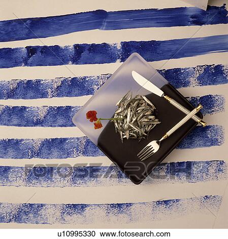 Stock Image - plate, fish, starter, whitebait, food. Fotosearch