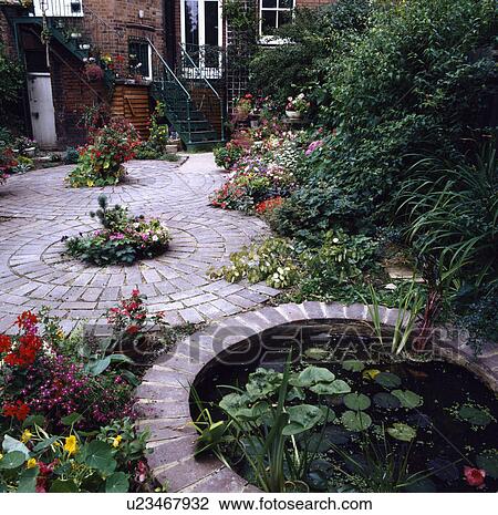 Pond and paving in town garden View Large Photo Image Stock Image - Pond and paving in town garden. Fotosearch
