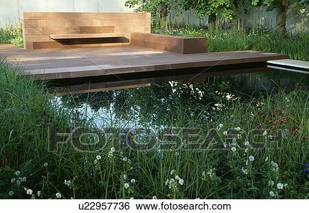 Stock Photograph - Rectangular pond in modern garden in summer. Fotosearch