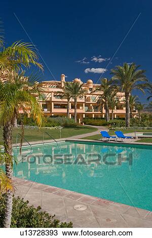 Rectangular turquoise swimmingpool and palm trees in front of neutral apartment building in southern Spain View Large Photo Image Stock Image - Rectangular turquoise swimmingpool and palm trees in front of neutral apartment building in southern Spain. Fotosearch