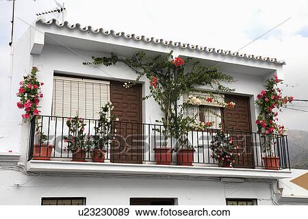 Stock Photo - Red roses and flowering plants on balcony of Spanish apartment. Fotosearch