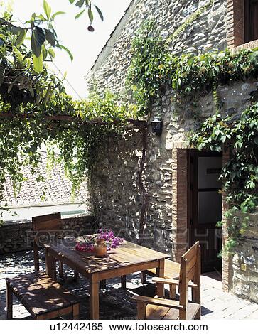Stock Photography - Seating and furniture on patio of Spanish villa. Fotosearch