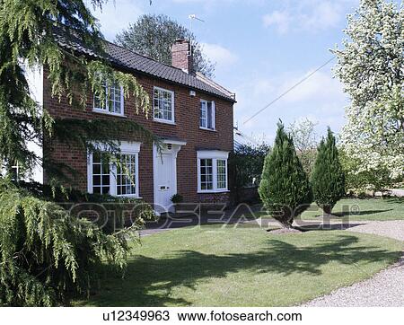 Stock Image - Sideways view of traditional brick house with white paintwork and lawn with small conifers on either side of the path. Fotosearch