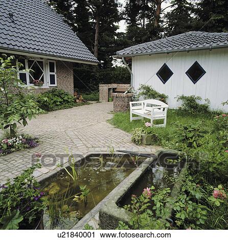 Small rectangular pond in country garden View Large Photo Image Stock Image - Small rectangular pond in country garden. Fotosearch