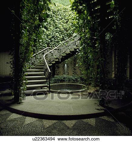 Steps leading down to circular pool in sunken paved garden View Large Photo Image Picture - Steps leading down to circular pool in sunken paved garden. Fotosearch