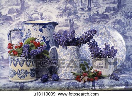 Still-Life of blue+white jugs and bluebells View Large Photo Image Stock Photo - Still-Life of blue+white jugs and bluebells. Fotosearch