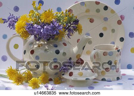 Stock Photography - Still-Life of flowers in spotted jug. Fotosearch