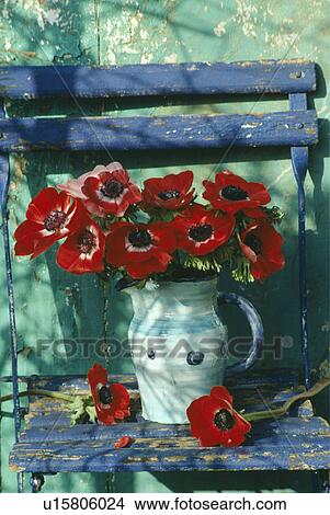 Picture - Still-Life of red anemones in blue jug. Fotosearch