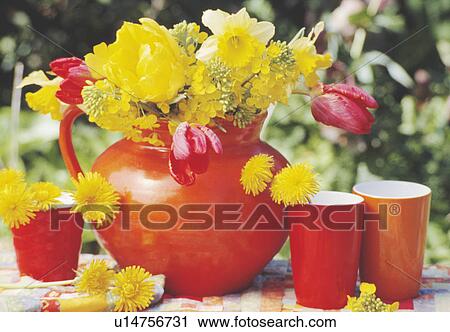 Still-Life of yellow flowers and red jug View Large Photo Image Stock Image - Still-Life of yellow flowers and red jug. Fotosearch