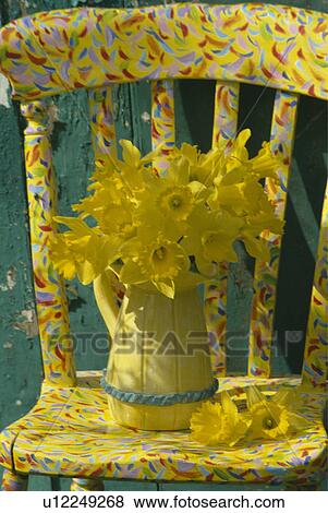 Still-Life of yellow tulips in yellow jug on chair View Large Photo Image Stock Photo - Still-Life of yellow tulips in yellow jug on chair. Fotosearch