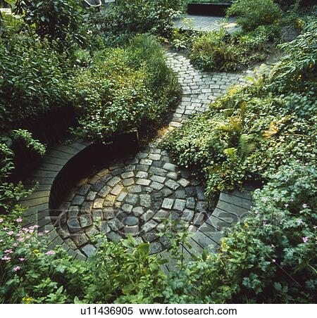 Stone paving in green town garden in summer View Large Photo Image Stock Photography - Stone paving in green town garden in summer. Fotosearch