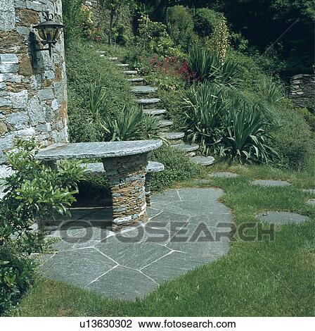 Stock Image - Stone steps in steep country garden in summer. Fotosearch