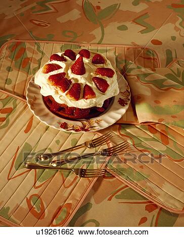 Stock Image - strawberry cake, cutlery, dessert, food. Fotosearch
